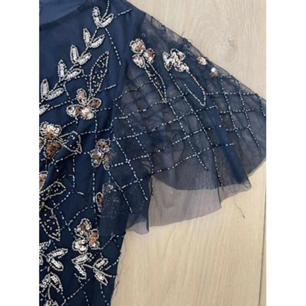 NEW Adrianna Papell Dress Womens Size 6 Blue Beaded Flutter Sleeve Midi *Flaw - Picture 7 of 13